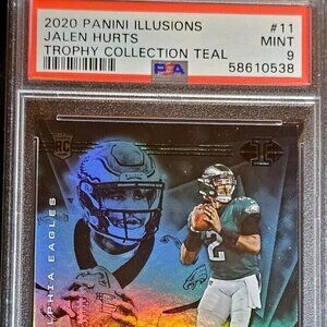 JALEN HURTS 2020 ILLUSIONS ROOKIE TROPHY TEAL EAGLES RC /175 PSA 9 only